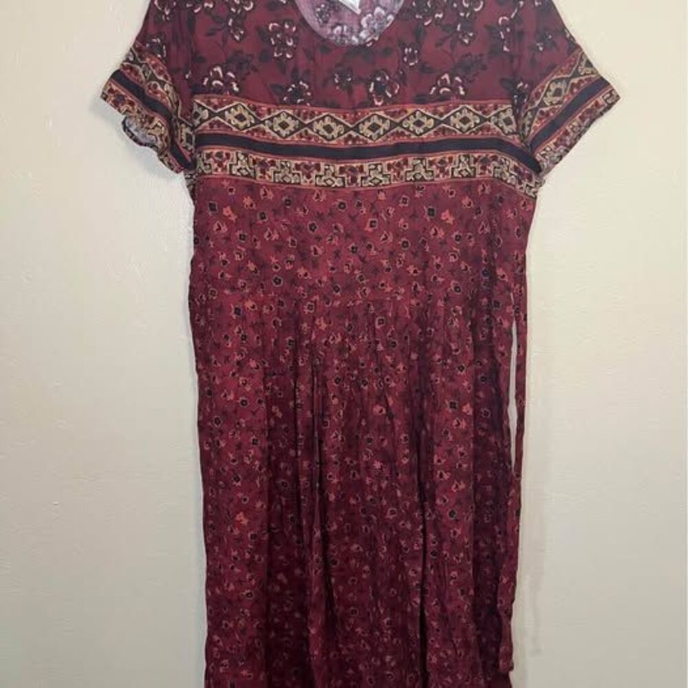 Vintage 90s boho hippie ethnic maxi dress maroon Molly Malloy flowy shortsleeve